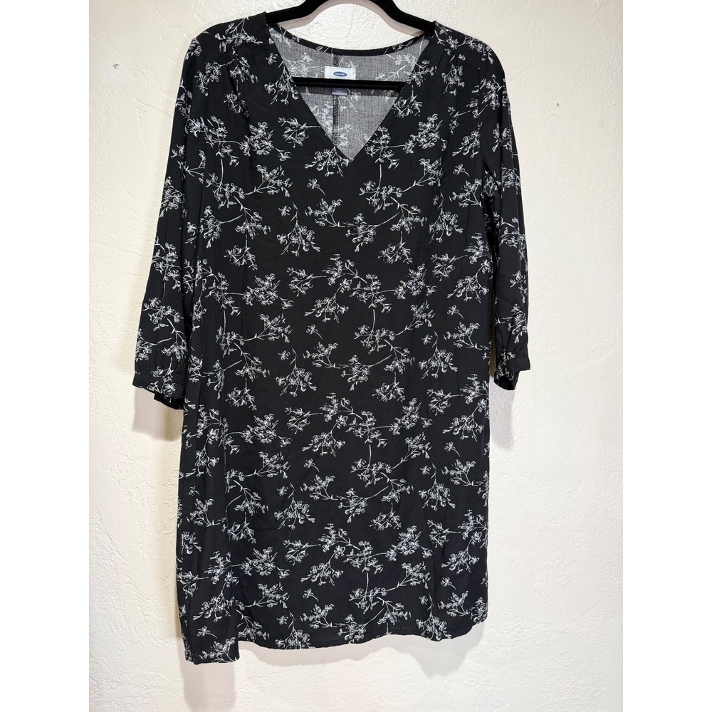 Old Navy Womens Black Floral V-Neck 3/4 Sleeve Rayon Shift Dress Small S